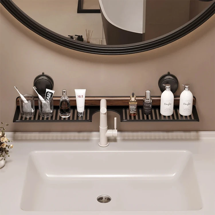 【佳立方】胡桃木卫生间洗漱台镜前水龙头吸盘置物架浴室免打孔收纳