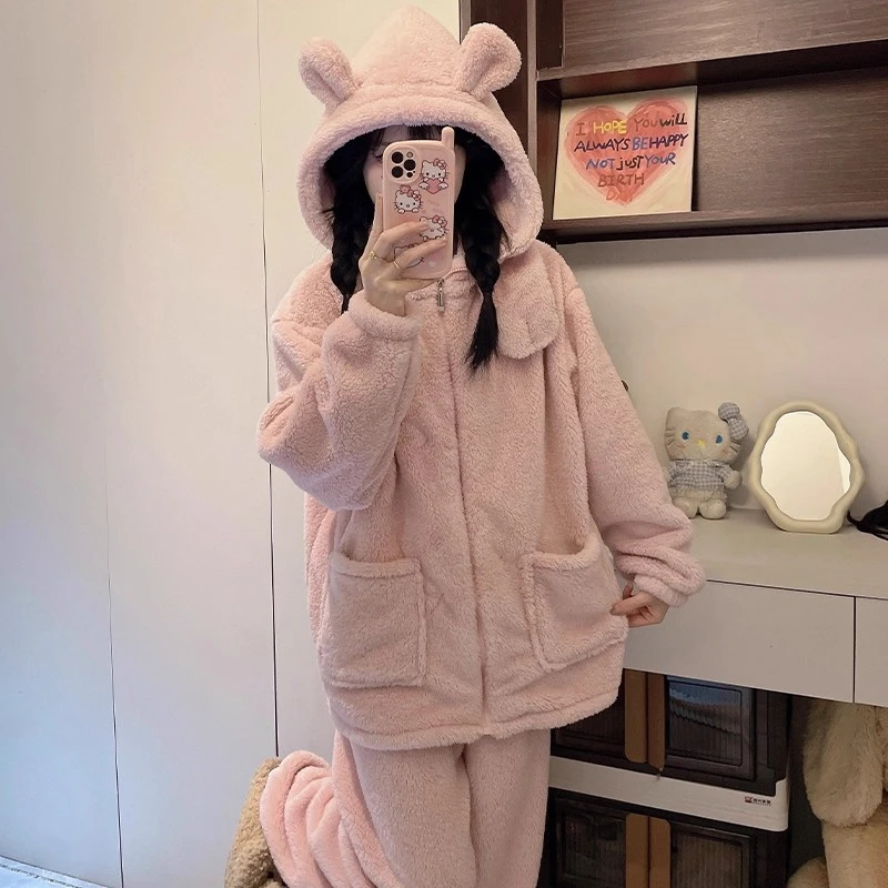 连帽粉色睡衣女士冬季加厚保暖珊瑚绒法兰绒可外穿家居服套装冬天