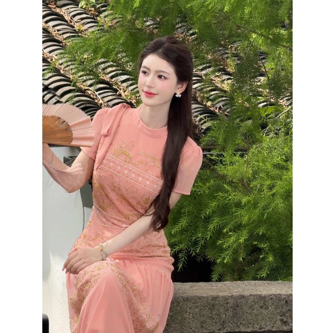 【金粉佳人】LiLi新中式改良温柔千金风粉色连衣裙XMZH8202