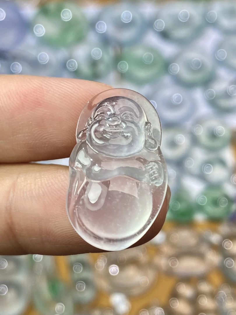 天然缅甸a货翡翠布袋佛高冰玻种一刀切弥勒佛 尺寸：25-15-6.2