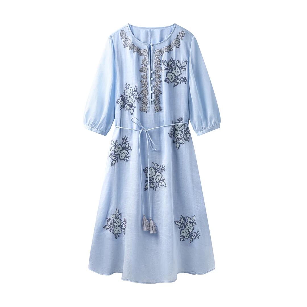 【婉婉专属】100%苎麻重工十字绣夏复古飘逸连衣裙 CYC51056L