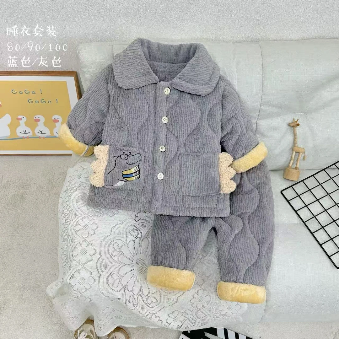 保暖透气家居服冬季套装男童女童夹棉睡衣加绒宝宝毛绒儿童加厚