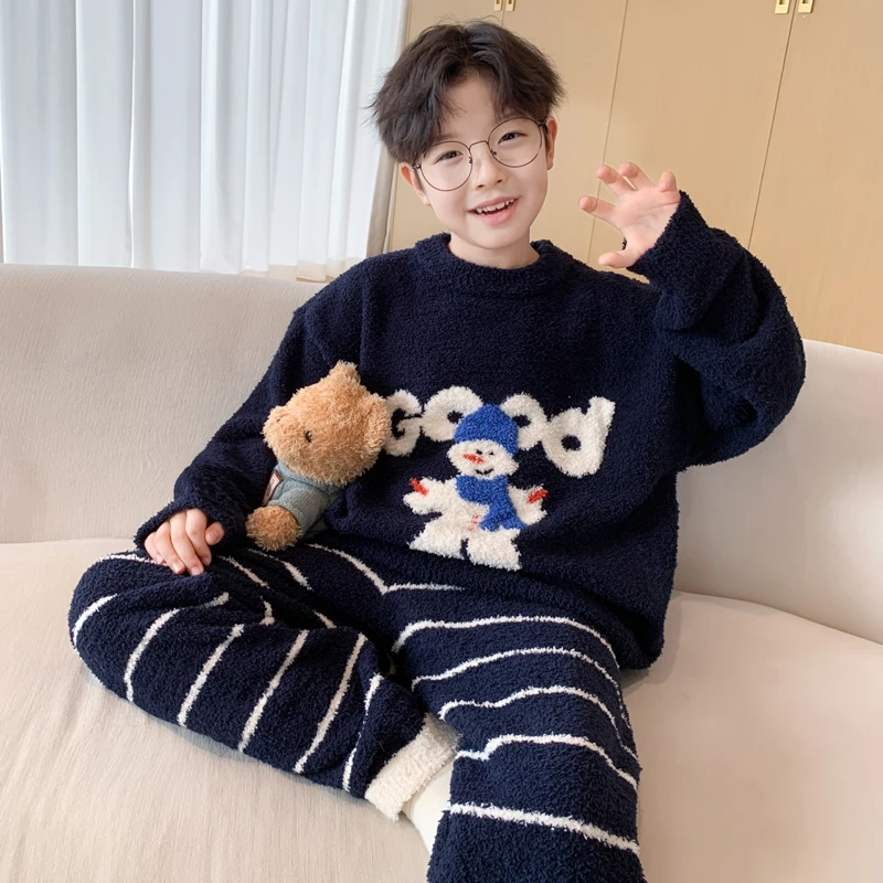 儿童装男童冬季珊瑚绒睡衣2025新款秋冬款大童加绒加厚男孩家居服