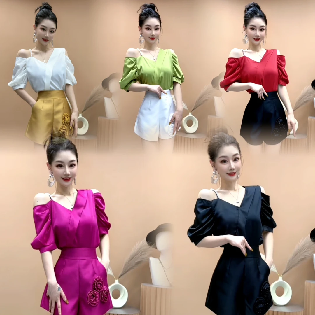 轻薄凉感丝滑单露肩V领透气减龄甜美时尚短袖小衫