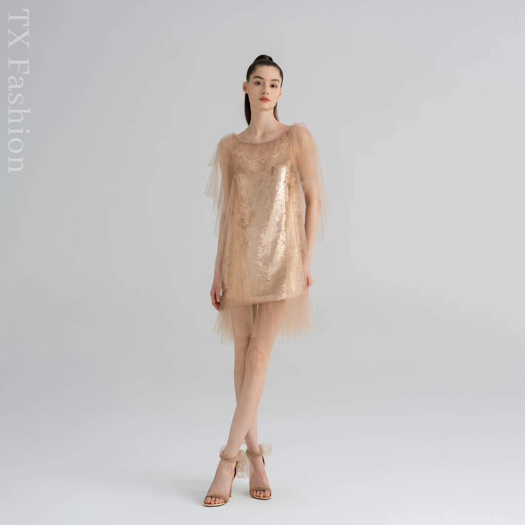 【SYREN】设计师款意大利进口亮片网纱吊带裙连衣裙