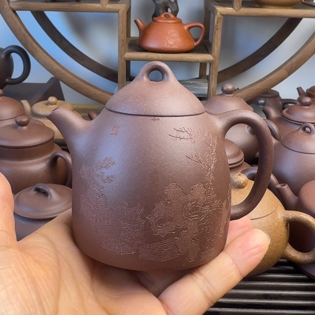 紫砂茶壶170cc秦权嫩底槽清刻绘素心