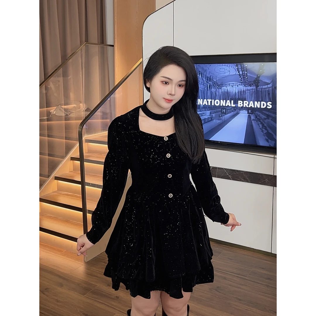 微胖定制【ZZ150】法式名媛风千金小姐丝绒收腰连衣裙