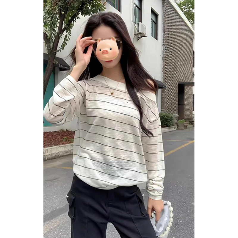 撞色条纹一字肩斜肩冰丝防晒针织罩衫女夏季薄款微透外搭露肩上衣