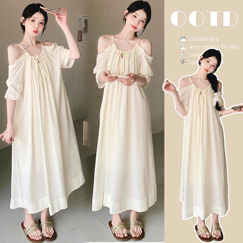 孕妇连衣裙夏季新款法式筒约圆领系带褶皱设计感露肩短袖