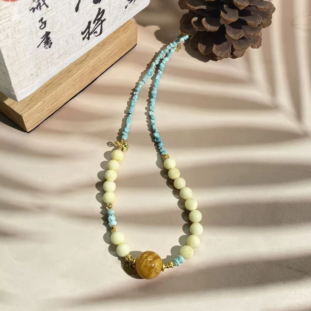 【珊丽】蜜蜡diy原矿绿松石项链