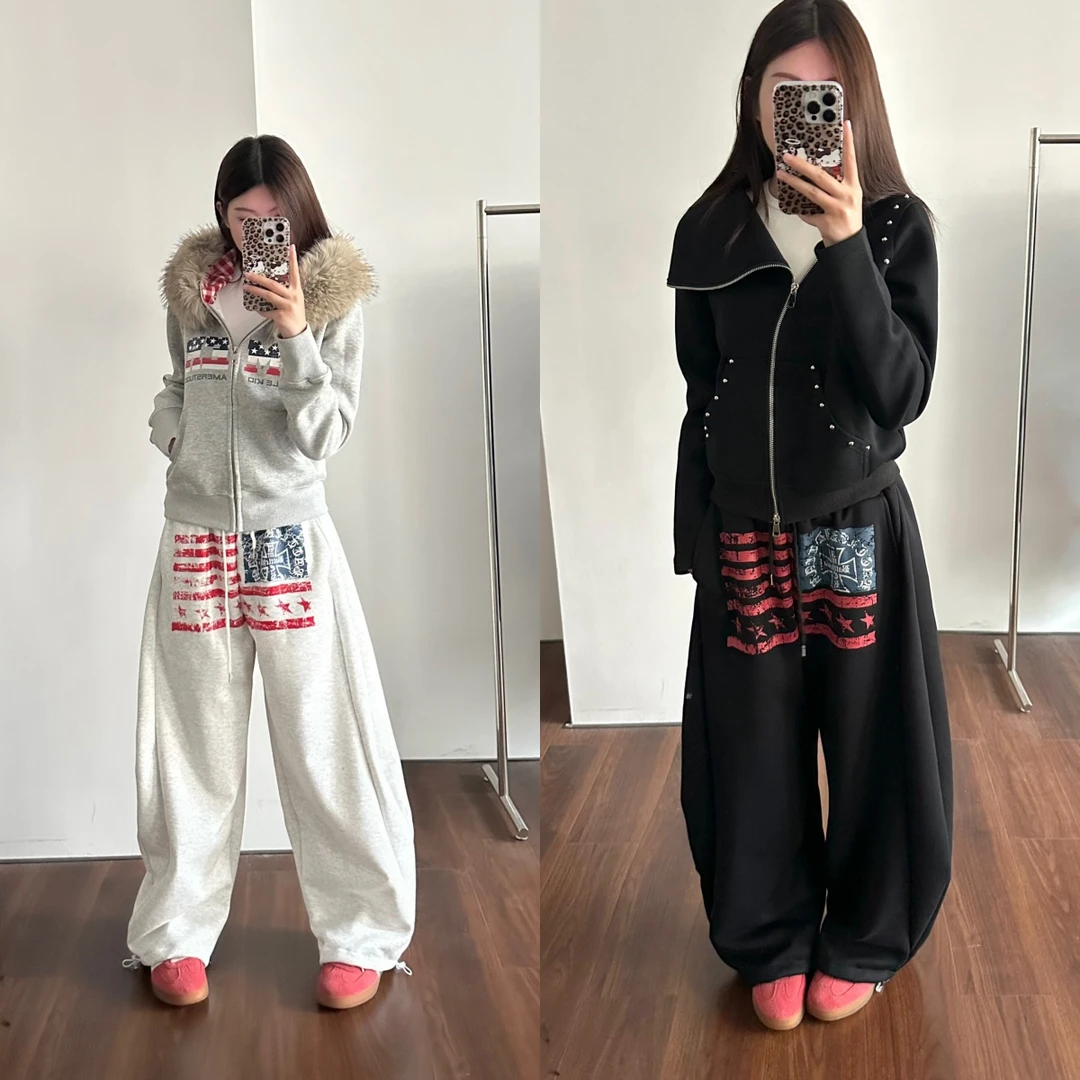 AMER 美式复古宽松印花旗帜街头卫裤休闲百搭宽松情侣