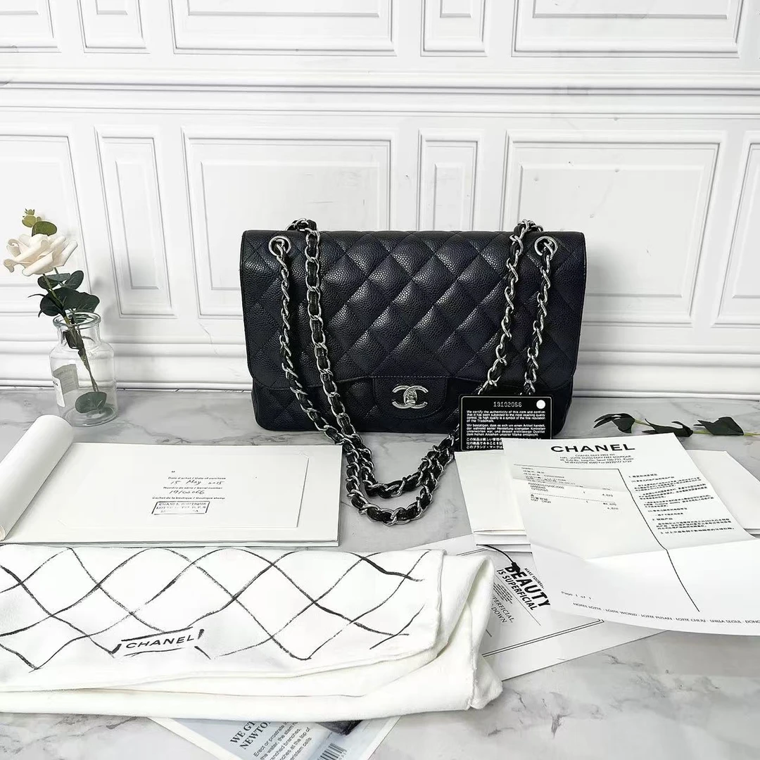 95新 Chanel/香奈儿 Jumbo 黑银牛皮双盖链条单肩斜挎包