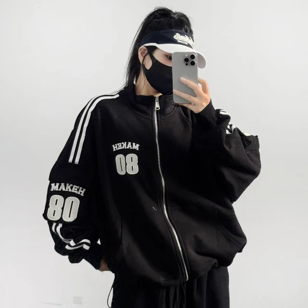 立领秋季春季条纹拉链常规款夹克港风情侣欧美风法式