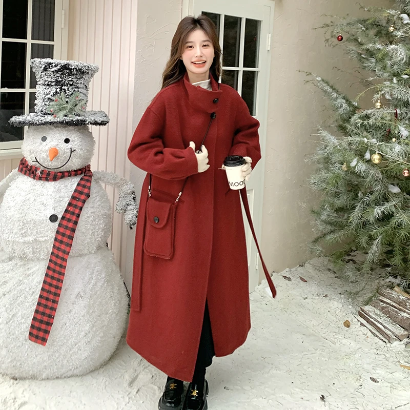 新年战袍圣诞红色双面羊绒大衣女秋冬2024年新款韩系中长款温柔风