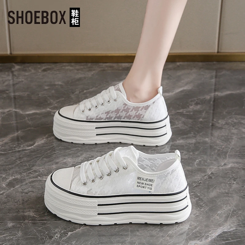 SHOEBOX鞋柜百搭休闲板鞋女2025夏新款厚底增高网面透气小白鞋