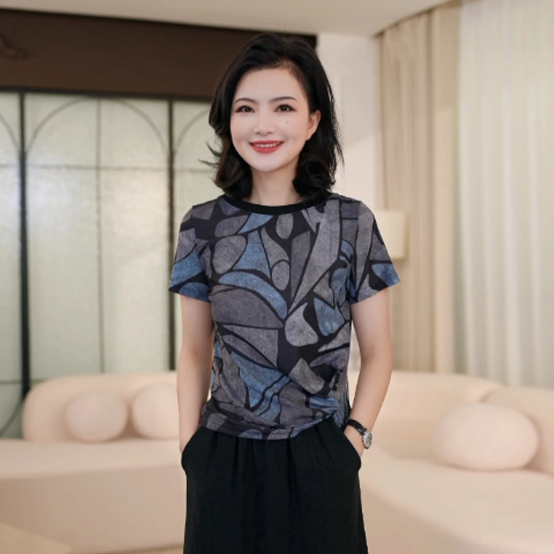 枫竺阿楠anan百搭撞色圆领印花收腰捏褶短袖上衣女夏季轻薄T恤衫