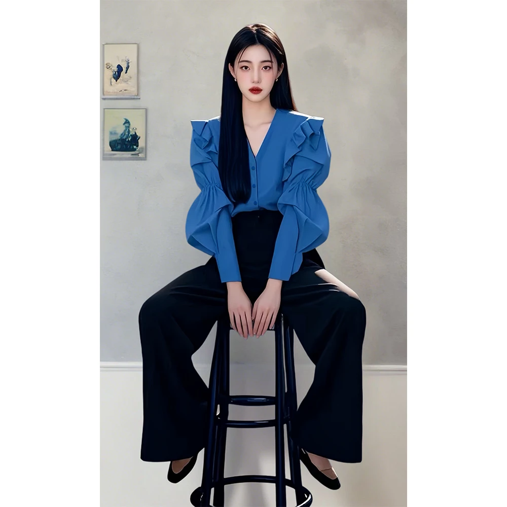 2025春季新款高级感轻奢减龄荷叶边拼接蓝色泡泡长袖衬衫裤子套装