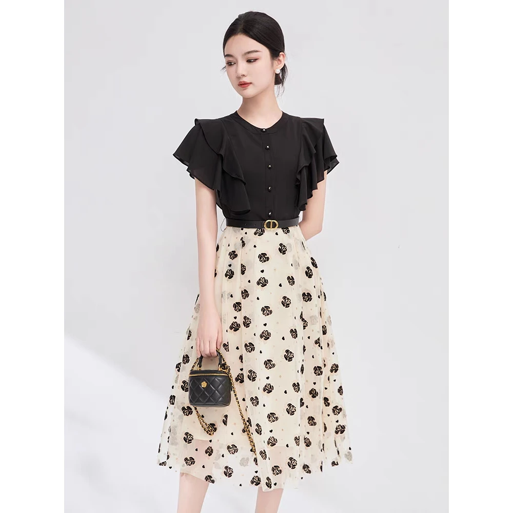 短袖连衣裙女2025夏季新款收腰显瘦优雅气质高级感雪纺假两件裙子