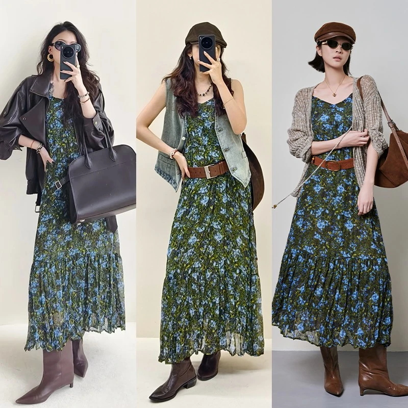 美洋MEIYANG【现货】仲夏连衣裙 莫奈花园度假飘逸碎花雪纺吊带裙