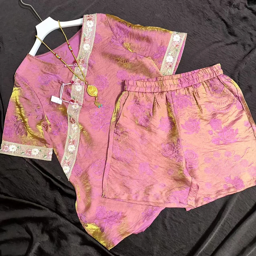 0311-常熟新中式夏季新款浮光锦短袖气质绣花女士套装