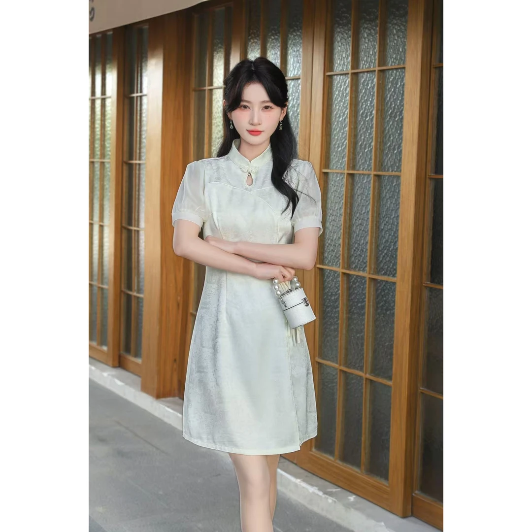 新中式连衣裙2024夏季复古国风镂空性感泡泡袖改良旗袍HJ-2134