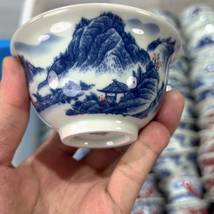 瓷片白青花万里江山压手杯全品