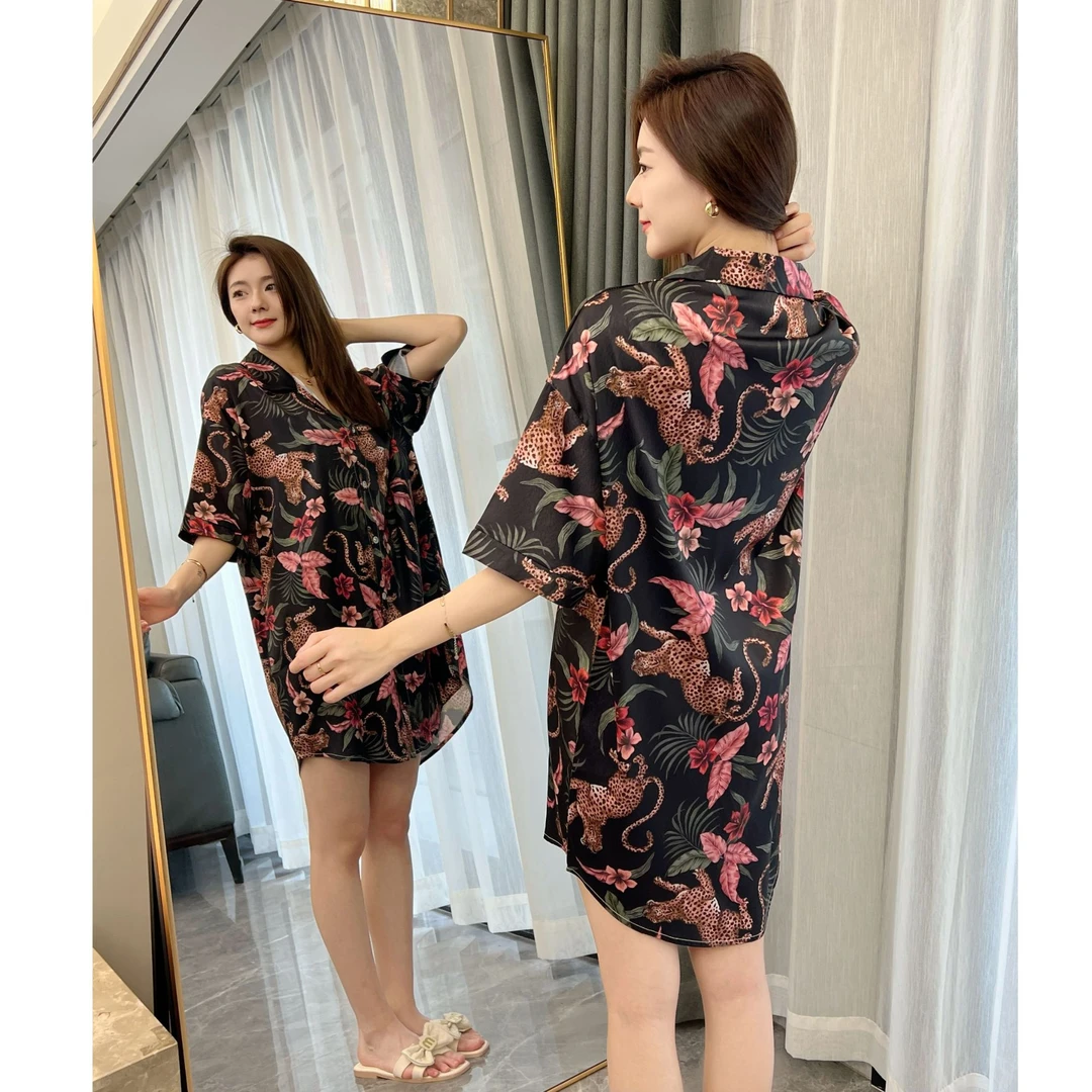 冰雪丝丛林豹子家居睡裙