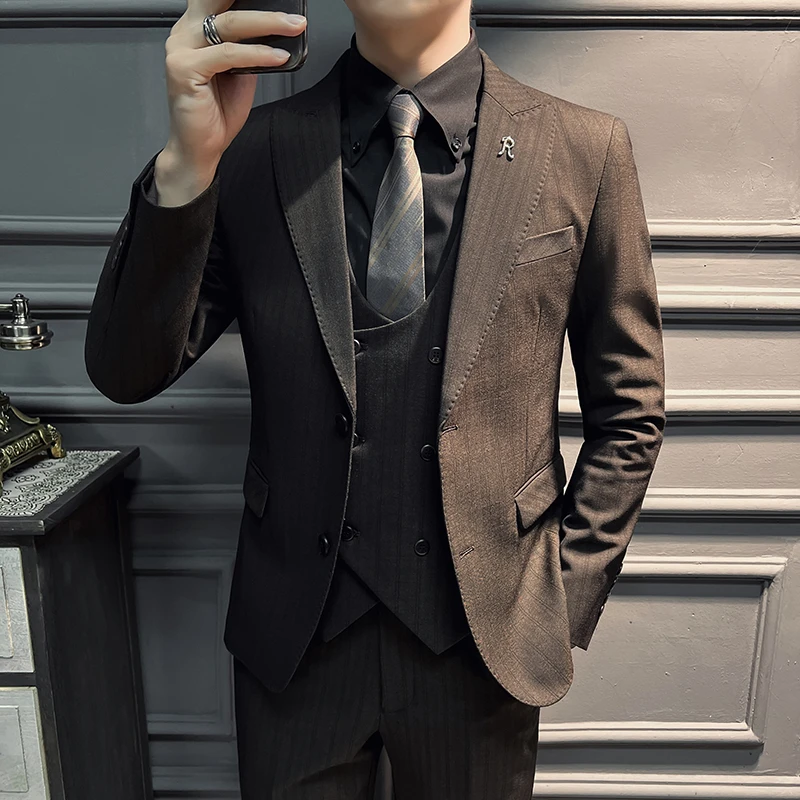 高级感宽领戗驳领条纹西服正装英伦风结婚新郎西装套装男修身休闲