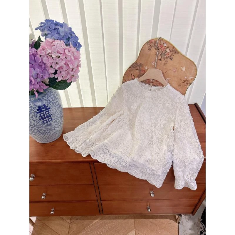 CCM圆领钉珠立体花朵女童打底衫2025春季新款 高级感蕾丝小衫上衣
