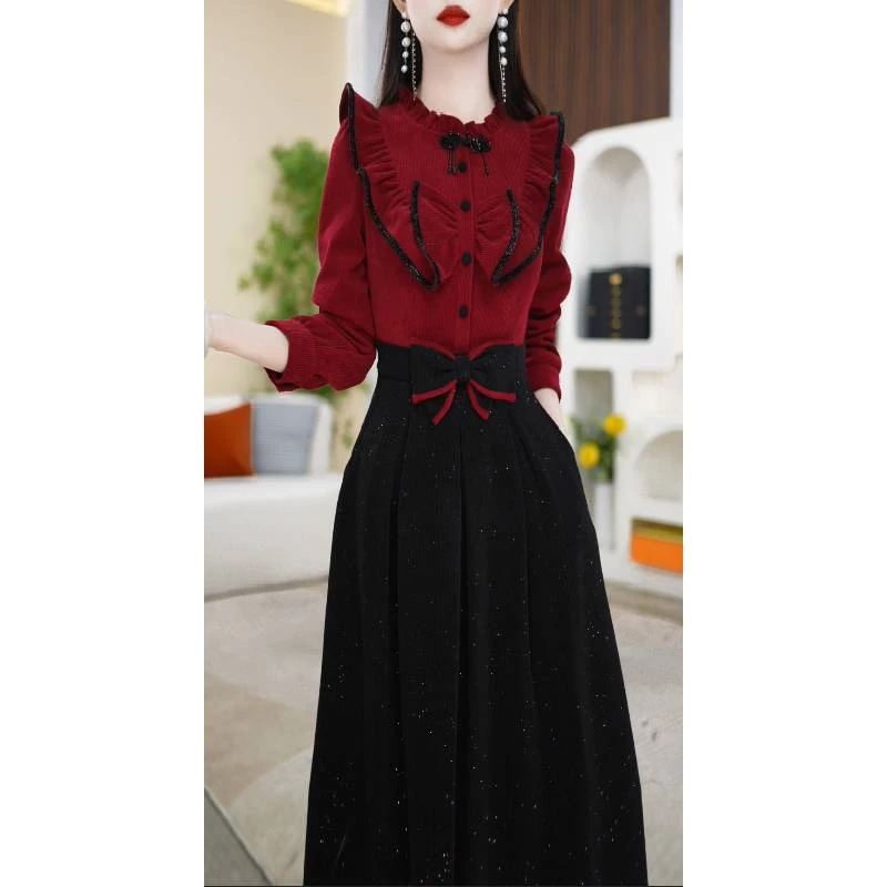 【连衣裙】冬季新款圆领时尚洋气收腰长袖中长款连衣裙M-4XL