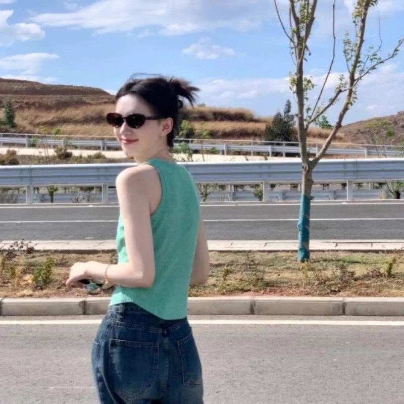 法式小清新绿色削肩无袖吊带背心女内搭夏季外穿甜辣针织t恤上衣