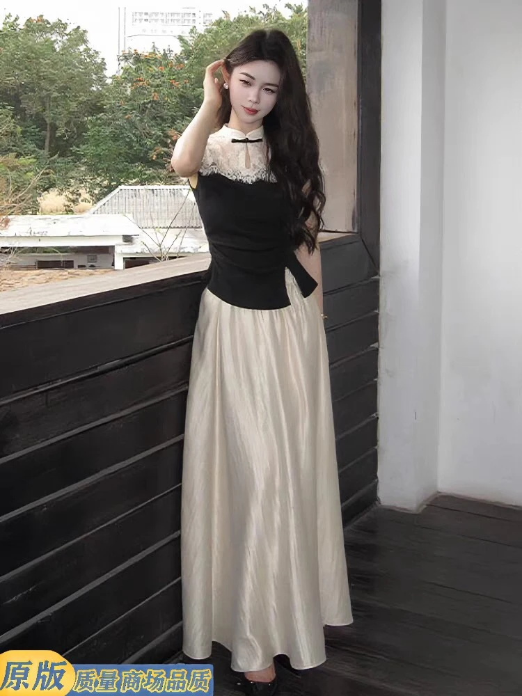 新中式国风套装夏季气质显瘦设计感蕾丝拼接上衣+半身裙两件套女