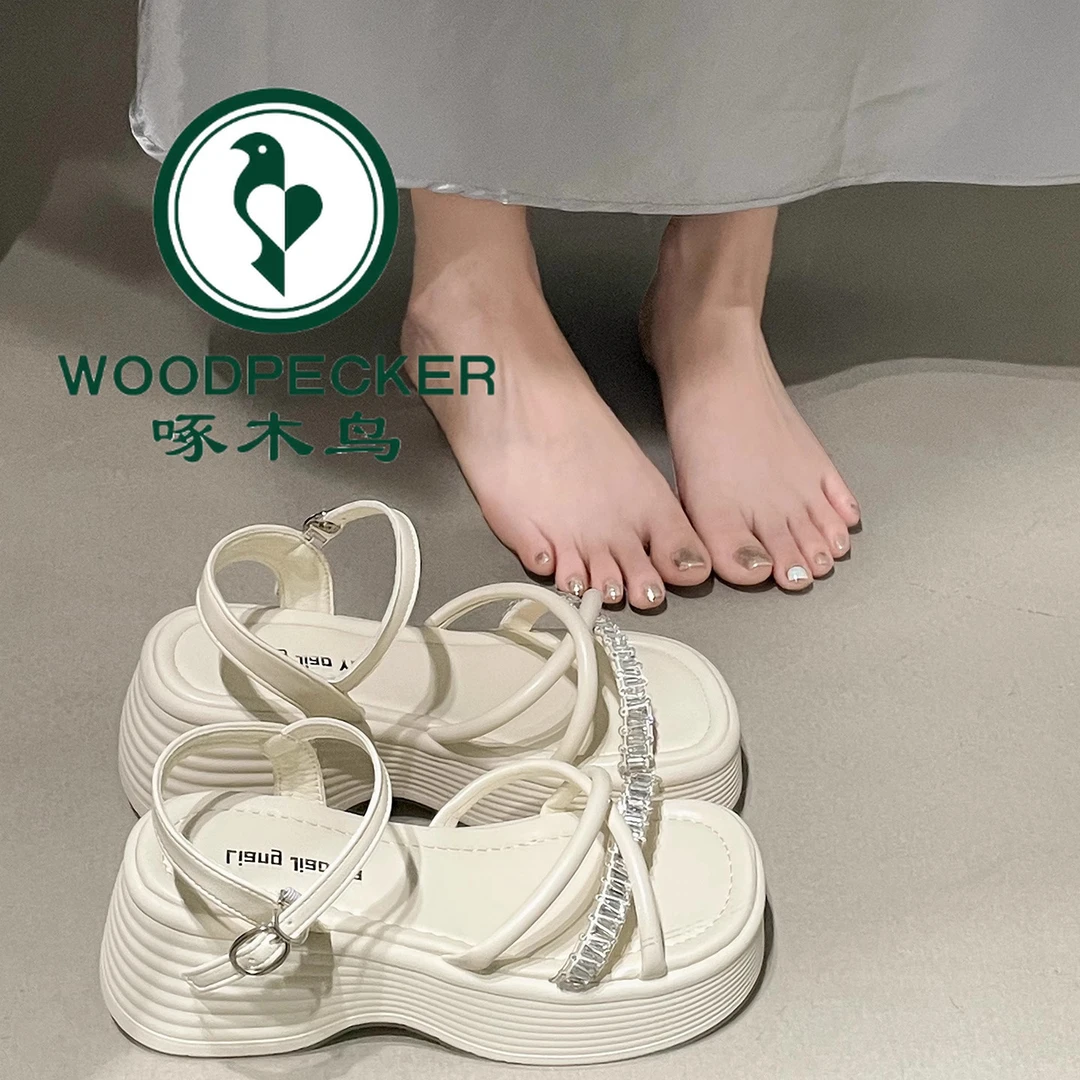 啄木鸟网红爆款高级感厚底一字凉鞋女2025夏外穿配裙子法式凉鞋子