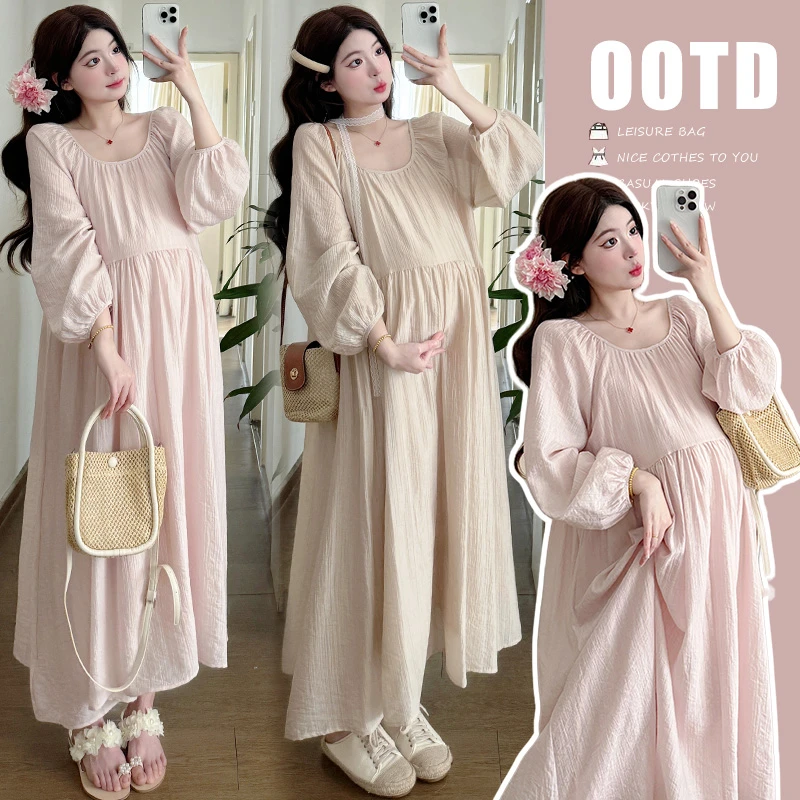 孕妇连衣裙~2025夏季新品韩版孕妇显白宽松遮肉法式气质连衣裙