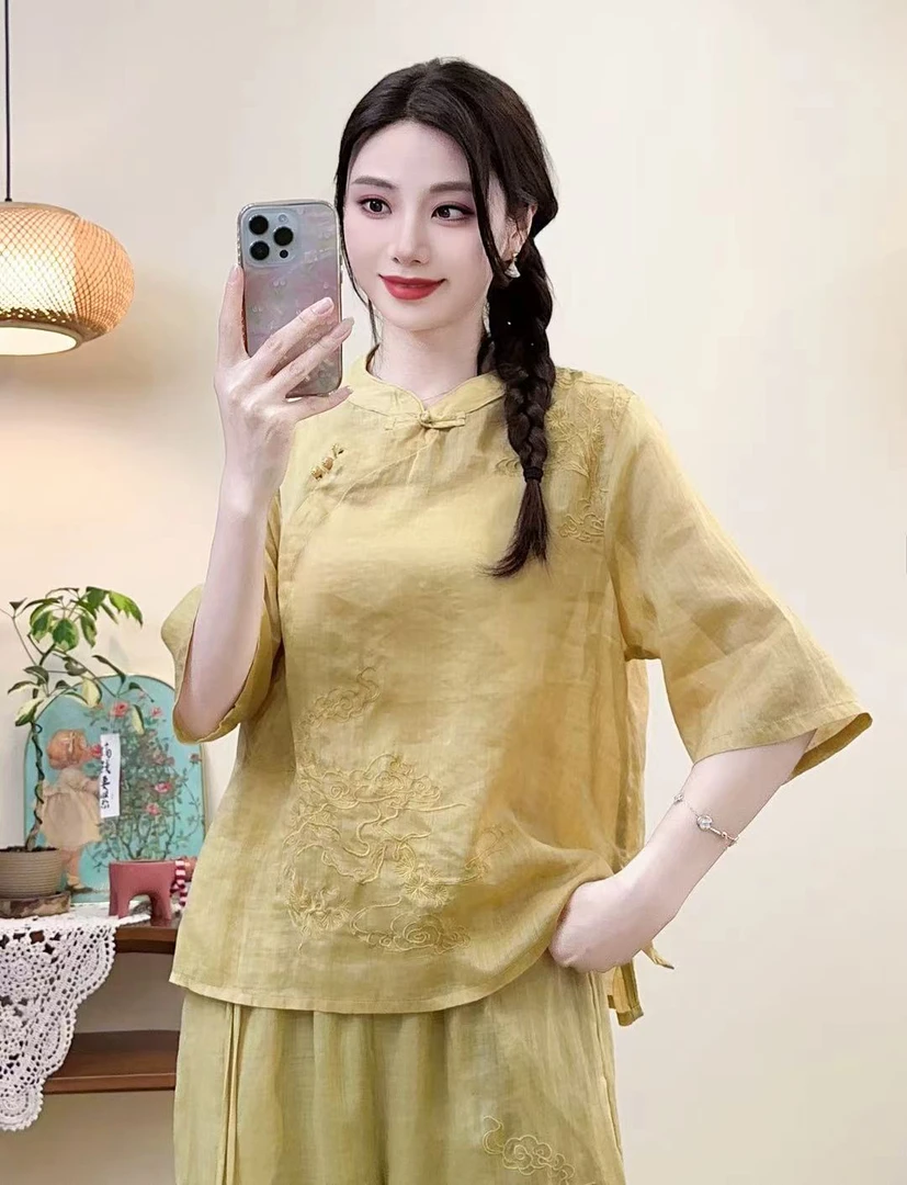 100纯苎麻上衣女薄款夏季刺绣纯色提花立领复古文艺衬衫