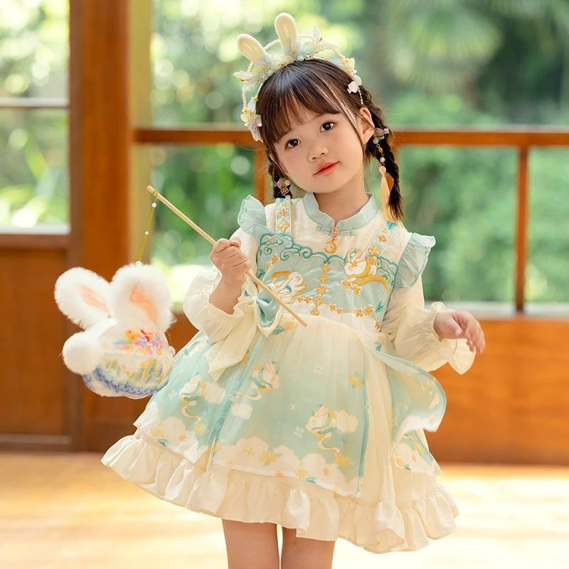 秋春新款童汉服洛丽塔连衣裙女中大童桂花兔叽粉蓝绿中国风