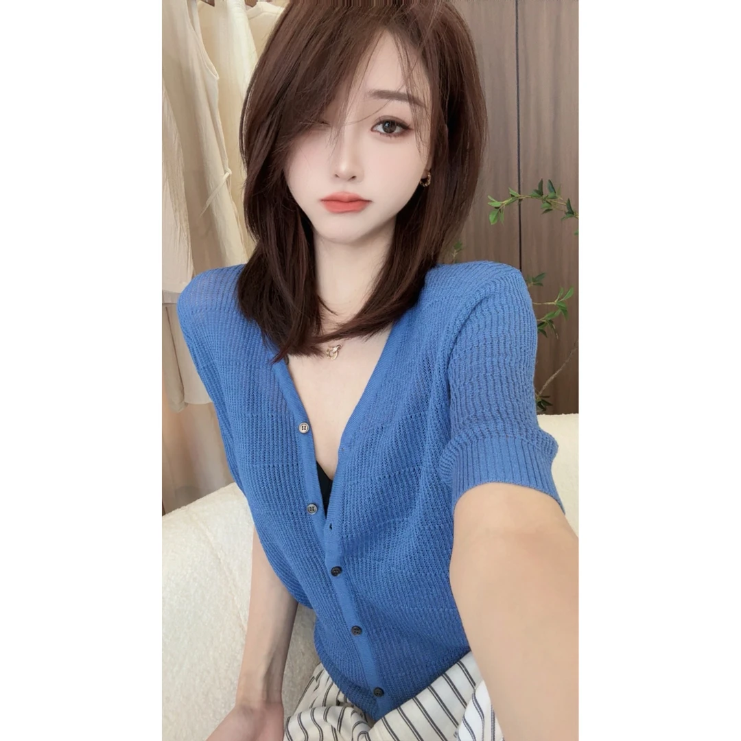 【CHEN】洋气显白短袖亚麻开衫针织上衣X2406130