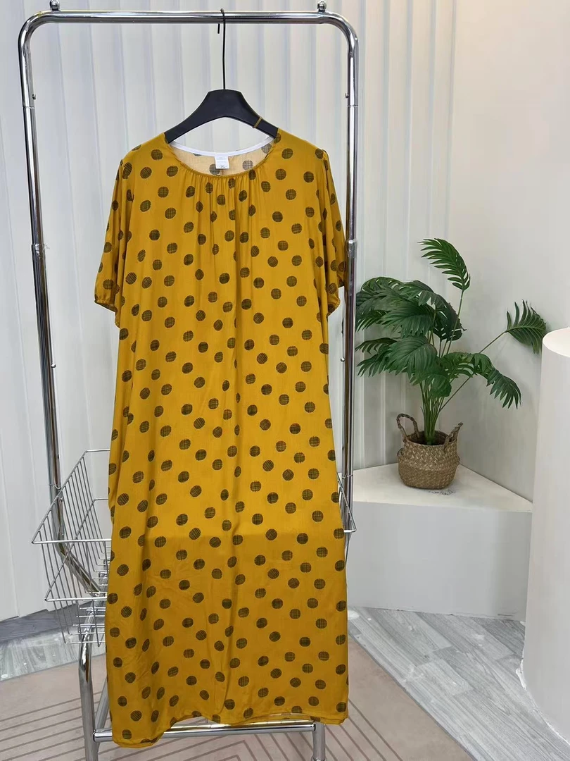 黄底波点夏季绵绸人造棉连衣裙舒服凉快时尚百搭显瘦女裙