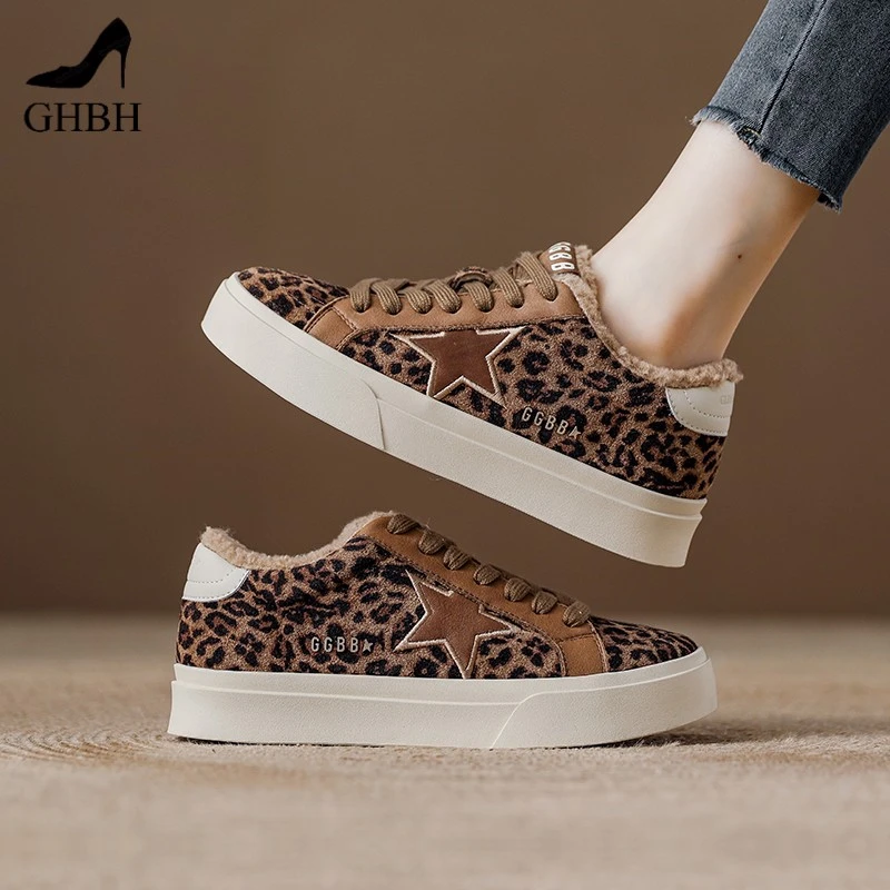 时尚厚底豹纹星星板鞋女秋冬新款欧美户外德训鞋软底运动女鞋