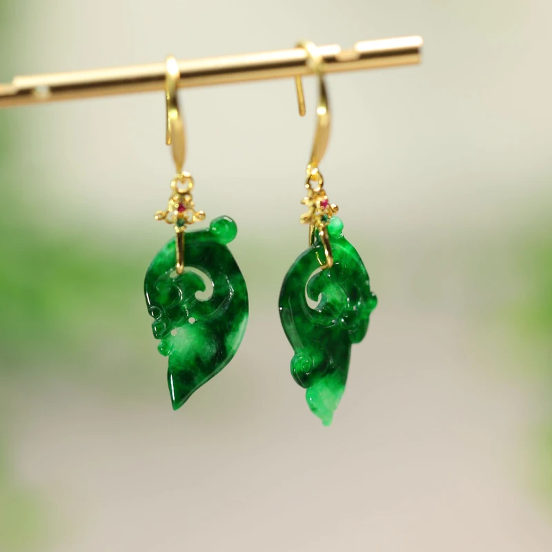 #G466 老坑辣绿缅甸天然A货翡翠龙纹耳坠耳环S925银镶嵌
