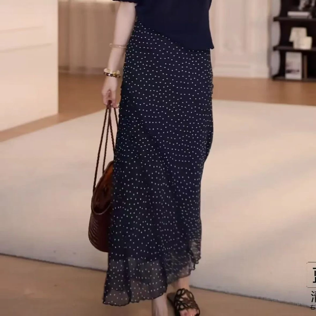 夏季显瘦松紧腰波点裙斜花边网纱半身裙女2025夏季新款中长款裙子