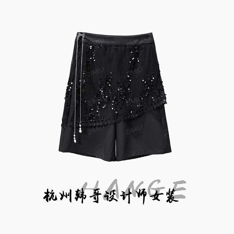 【韩哥女装】小众设计师午夜黑两瓶刺绣A字休闲裙裤8393