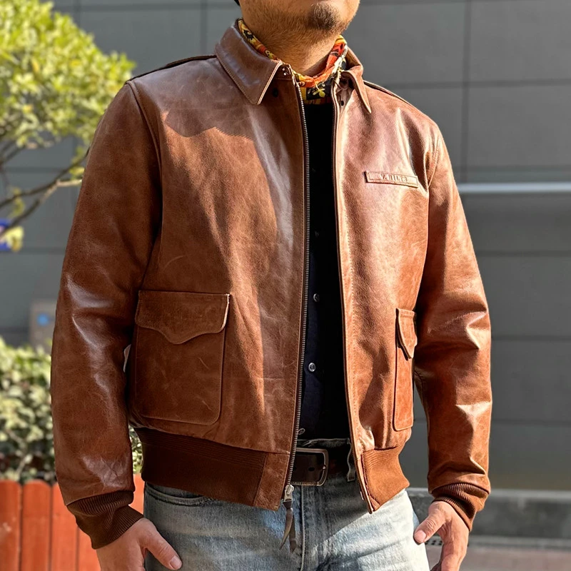 美式复古A2飞行服棕色牛皮真皮皮衣抓痕做旧皮夹克修身短款男外套