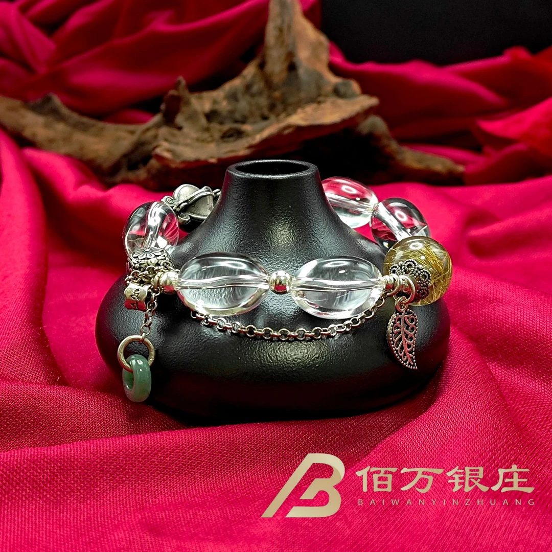 【佰万银庄】 银925 天然白水晶一叶暴富金发晶异形珠手串手链