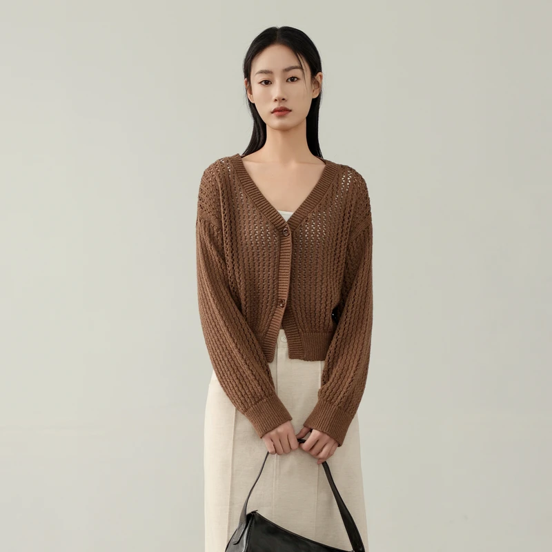 【直播专享】黑标BAIZHUO春款长袖宽松镂空毛织短款开衫BZ41KS424