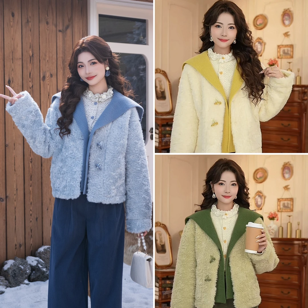 LIJIUJIU【茶灶煮黄】秋冬百搭复古港风宽松短款羊毛羔外套JJ251106