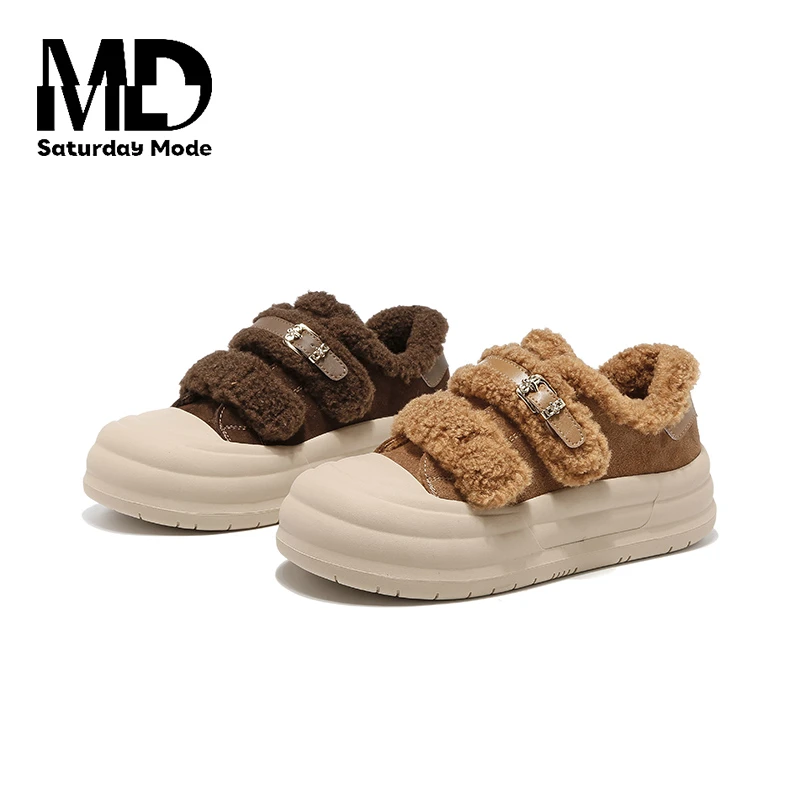 SATURDAYMODE 厚底毛毛棉鞋女2025冬新款魔术贴加绒保暖面包鞋-魏