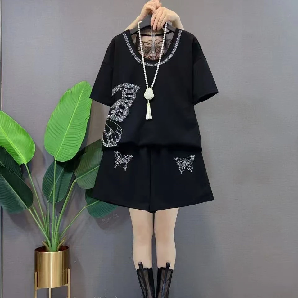 1133-2025年夏季新款时尚重工烫钻蕾丝美背上衣+短裤两件套