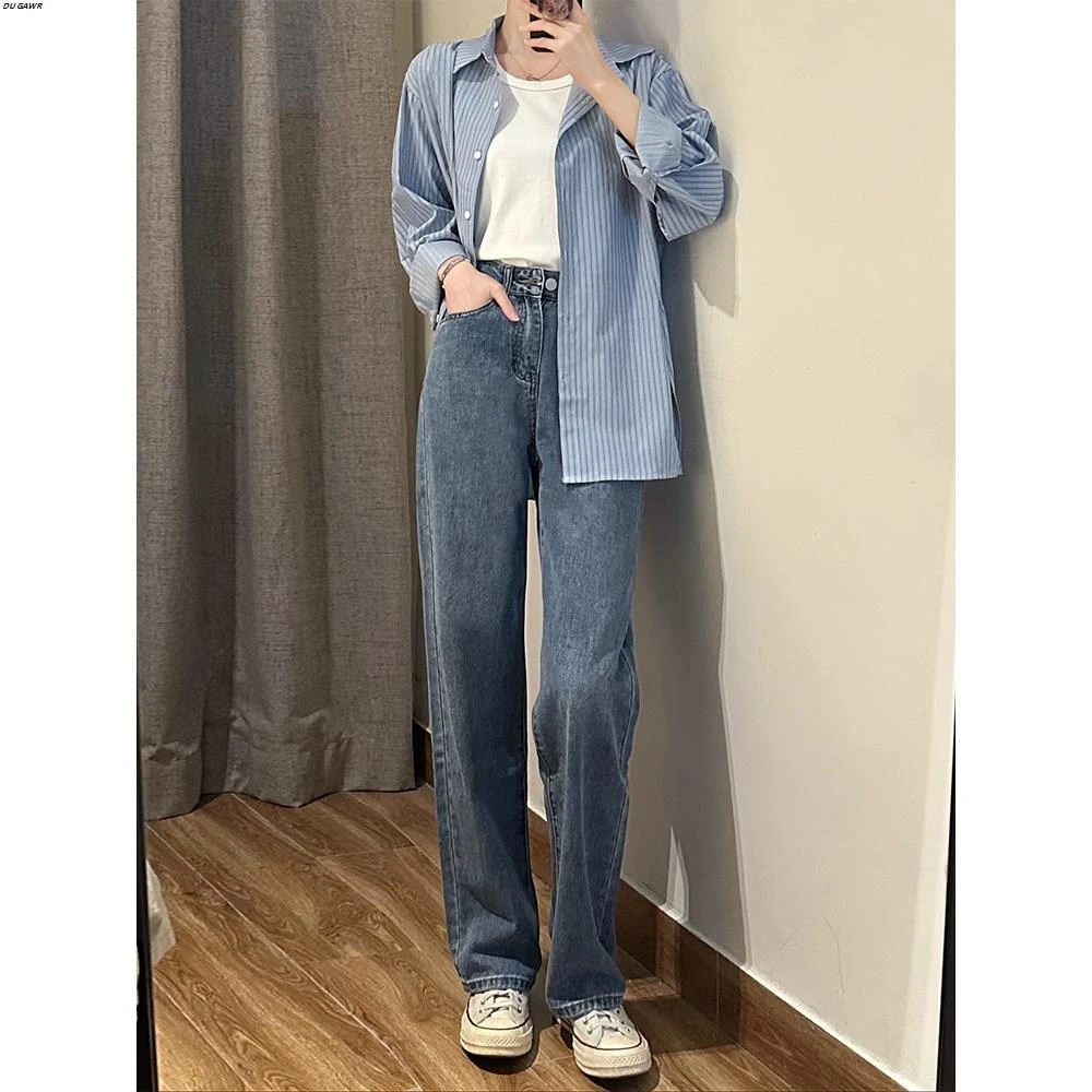 蓝色窄版阔腿牛仔裤女2025夏季新款胖mm高腰垂感宽松显瘦直筒长裤