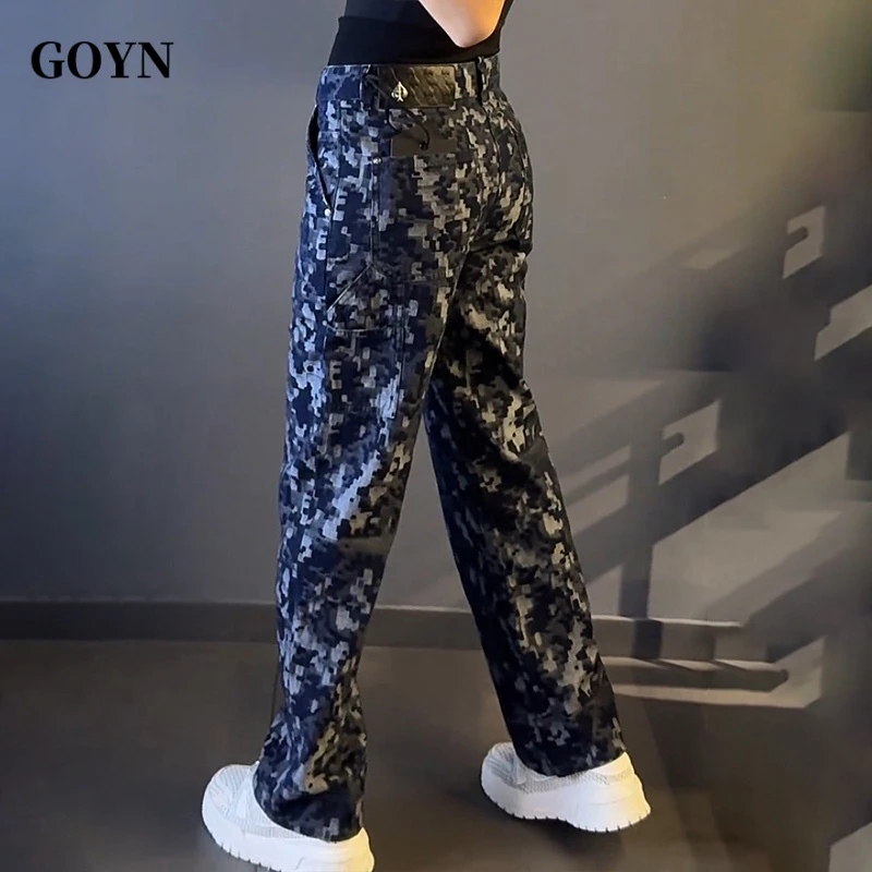 GOYN夏季男士高级感美式印花宽松牛仔裤潮流痞帅男士直筒休闲长裤